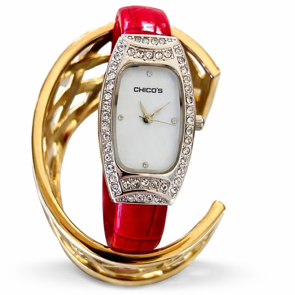 Chicos Womens Bangle‎ Watch Red Croc Embossed Strap Crystal Silver Tone Tonneau